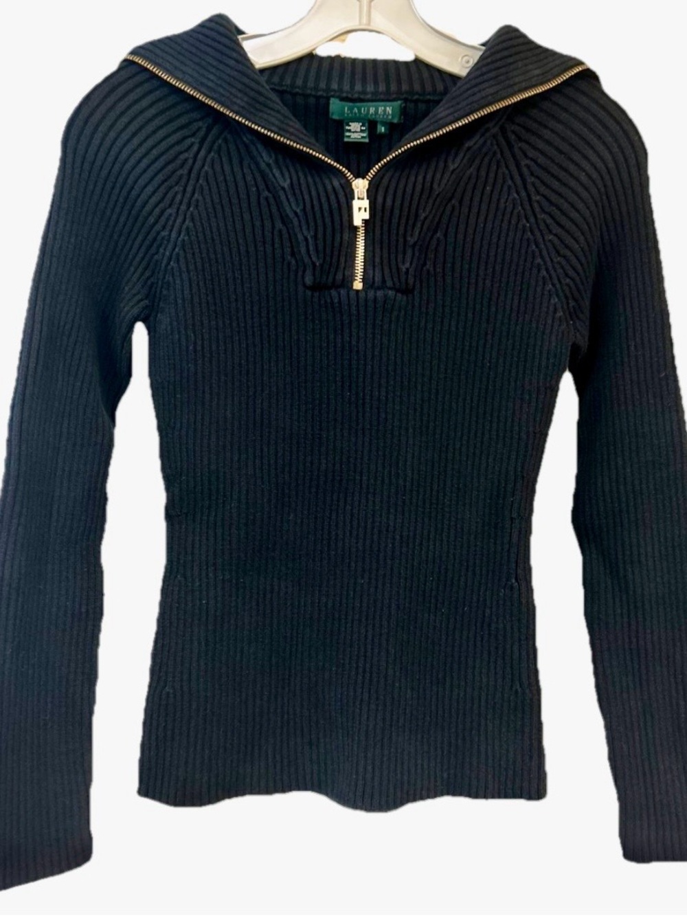 Lauren Ralph Lauren Women’s Ribbed Half Zip Sweater Black Cotton Small